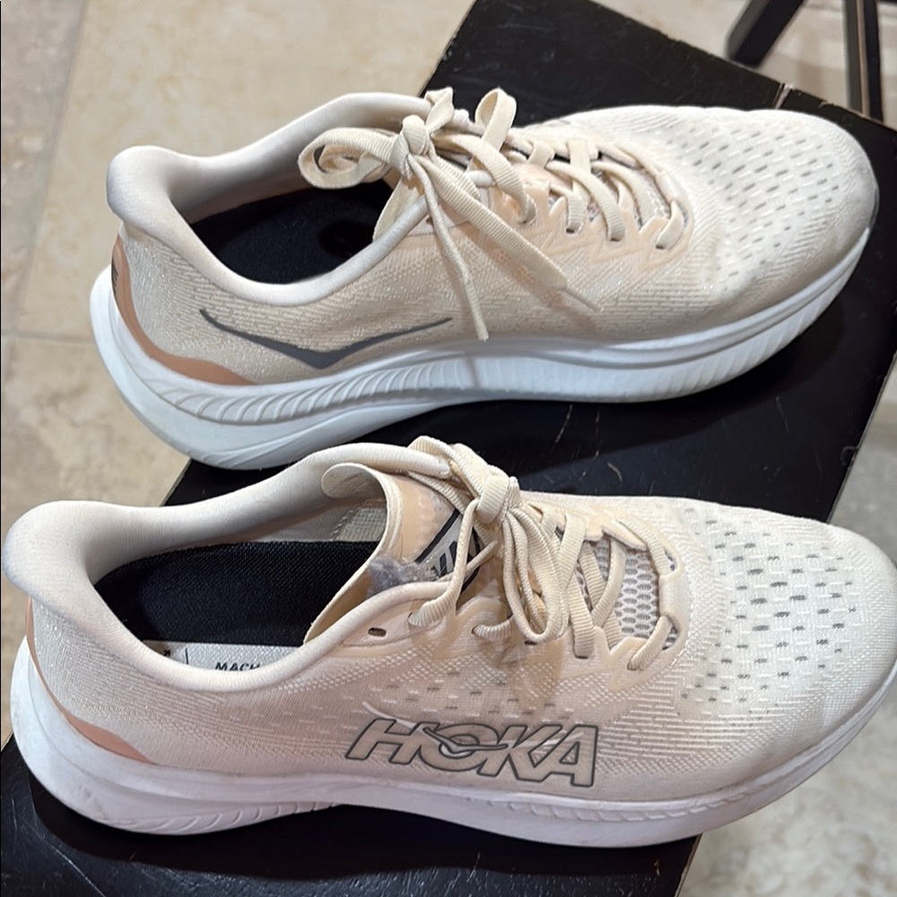 Hoka Cream Athletic Shoes with Breathable Design